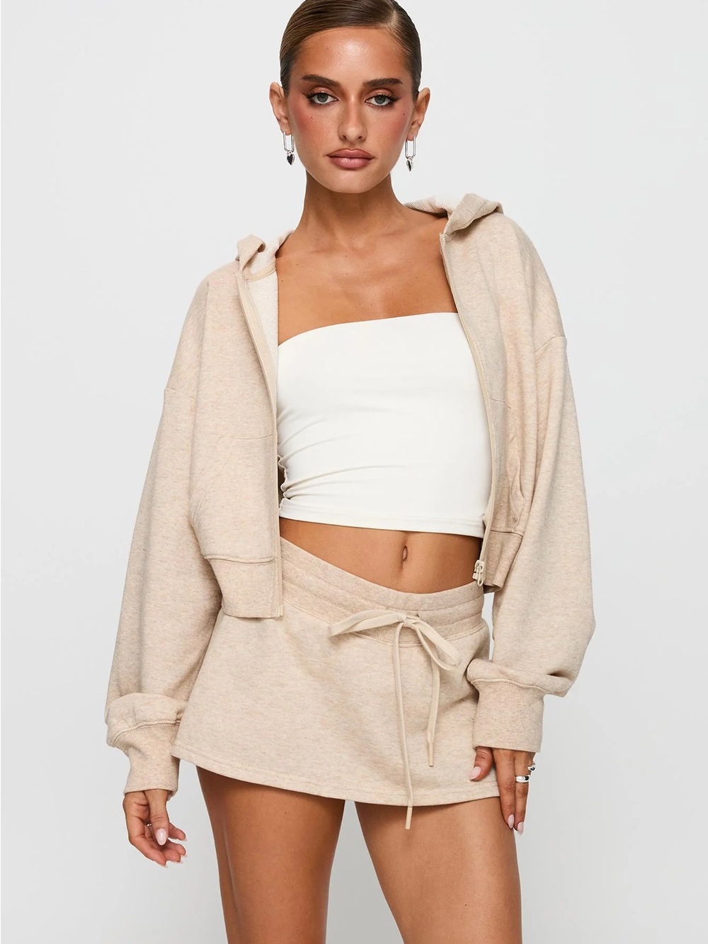 Princess Polly Oat Cropped Hoodie and Drawstring Mini Skort Set